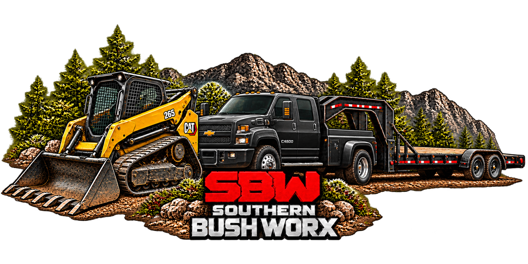 Illustrated Southern Bush Worx equipment emblem with a yellow CAT 265 tracked skid steer, charcoal Kodiak-style commercial truck, gooseneck trailer, cedars and mountains.