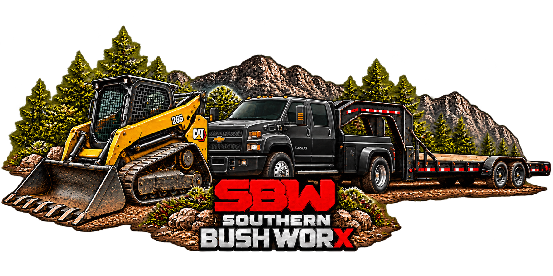 Illustrated Southern Bush Worx equipment emblem with a yellow CAT 265 tracked skid steer, charcoal Kodiak-style commercial truck, gooseneck trailer, cedars and mountains.