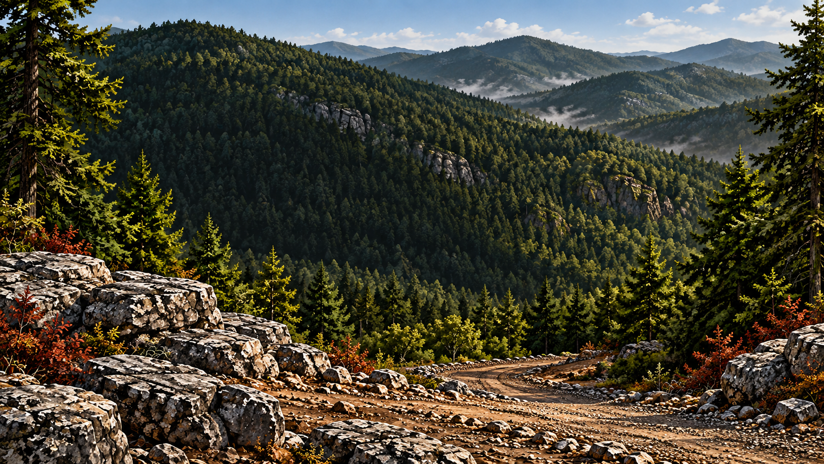 Decorative Tennessee-inspired illustration of green cedars, weathered limestone, and a rough earth track through mountain ridges.